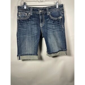 Miss Me Jeans Womens Size 29 Denim Shorts Lace Pockets Cuffed Bermuda Blue‎ Y2K